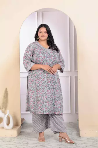 Womens plus size blue cotton office wear floral printed kurta palazzo set  