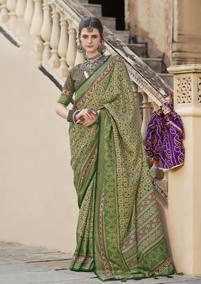 Silk Blend patola print green saree 1