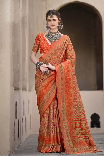 Silk Blend patola print orange saree