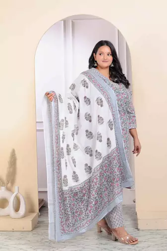 Womens plus size pure cotton traditional straight kurta with palazzo and dupatta set