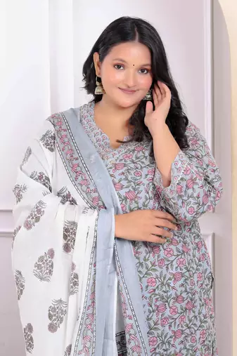 Womens plus size pure cotton traditional straight kurta with palazzo and dupatta set