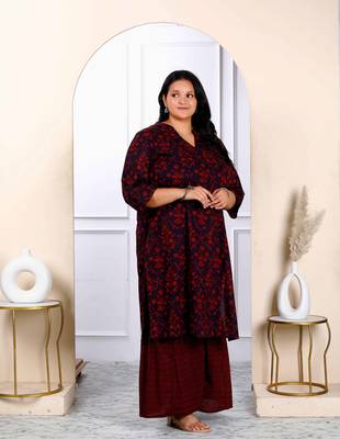 Womens plus size cotton floral printed straight kurta and sharara set 2