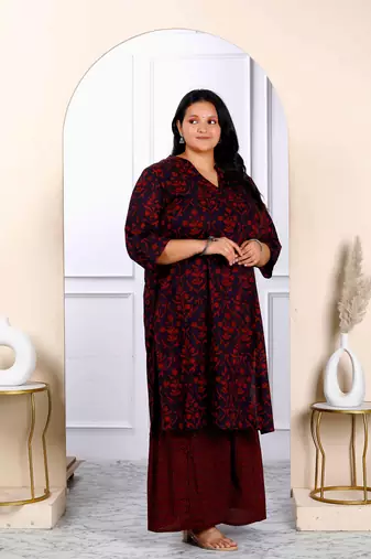 Womens plus size cotton floral printed straight kurta and sharara set