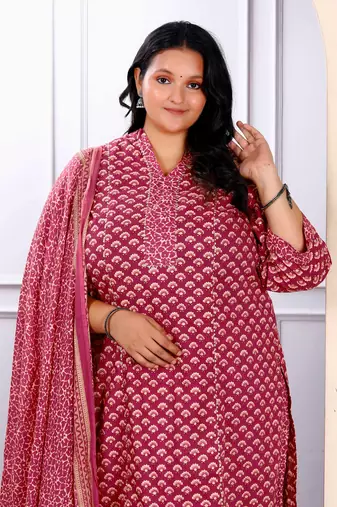 Womens plus size floral printed gota patti pink straight pure cotton kurta and palazzo with dupatta set