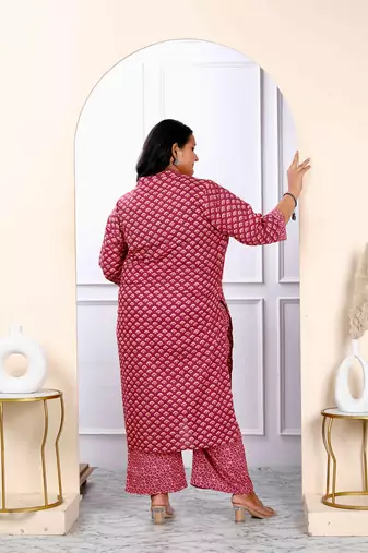 Womens plus size floral printed gota patti pink straight pure cotton kurta and palazzo with dupatta set