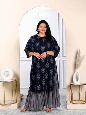 Womens plus size blue and grey printed pure cotton kurta with sharara 1