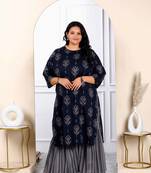Womens plus size blue and grey printed pure cotton kurta with sharara