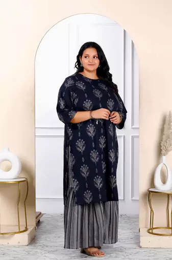 Womens plus size blue and grey printed pure cotton kurta with sharara