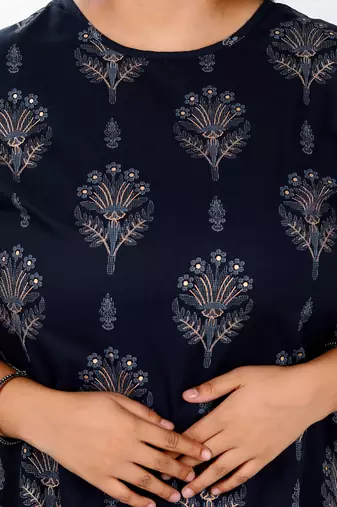 Womens plus size blue and grey printed pure cotton kurta with sharara