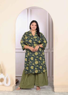 Womens plus size green cotton floral printed kurta with sharara 1