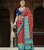 Red and aqua blue patola print silk blend festival saree