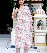 Womens cotton light pink floral printed straight pakistani style kurta and palazzo