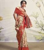 Weaving dharamavaram silk blend cream and red contemporary saree