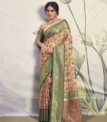 Weaving dharamavaram silk Blend cream and green contemporary saree