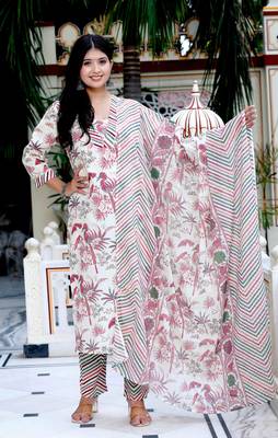 Womens cotton light pink scenic birds and leaf straight pakistani style suit set 1