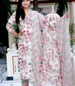Womens cotton light pink scenic birds and leaf straight pakistani style suit set