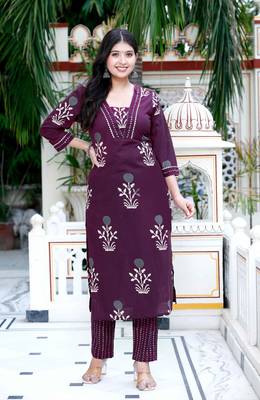 Purple Cotton Floral Print Kurta Set for Women 1