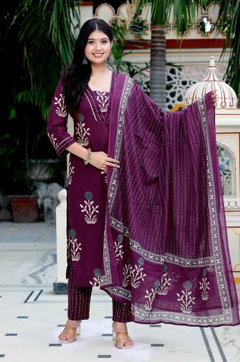 Womens cotton fabric purple kurta with palazzo and dupatta