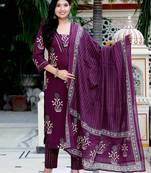 Womens cotton fabric purple kurta with palazzo and dupatta