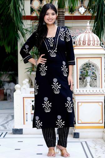 Womens cotton gota patti black floral printed straight kurta palazzo set