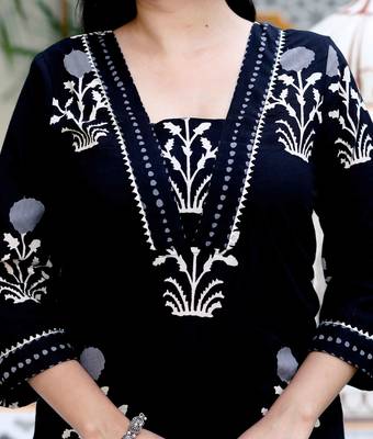 Womens cotton gota patti black floral printed straight kurta palazzo set 3