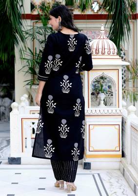 Womens cotton gota patti black floral printed straight kurta palazzo set 4