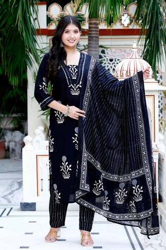Womens cotton gota patti black floral printed straight kurta palazzo with dupatta set