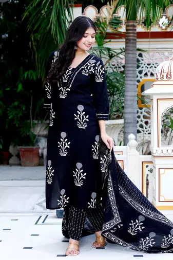 Womens cotton gota patti black floral printed straight kurta palazzo with dupatta set
