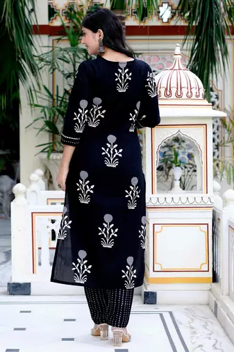 Womens cotton gota patti black floral printed straight kurta palazzo with dupatta set