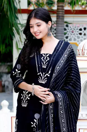 Womens cotton gota patti black floral printed straight kurta palazzo with dupatta set