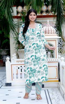 Womens light green scenic birds and leaf straight pakistani style kurta and palazzo 1
