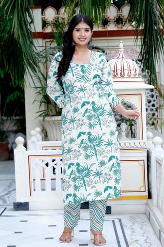 Womens light green scenic birds and leaf straight pakistani style kurta and palazzo