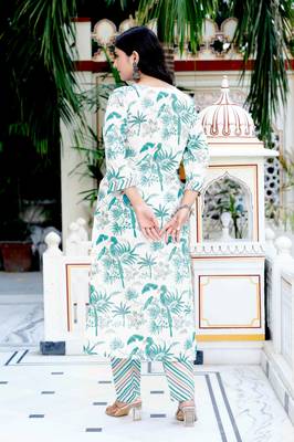 Womens light green scenic birds and leaf straight pakistani style kurta and palazzo 4