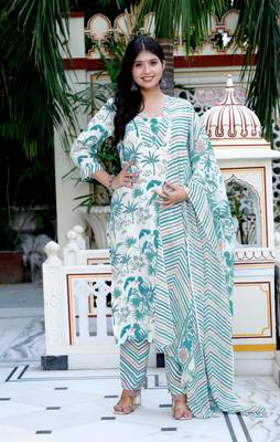 Womens light green scenic birds and leaf straight pakistani style suit set 1