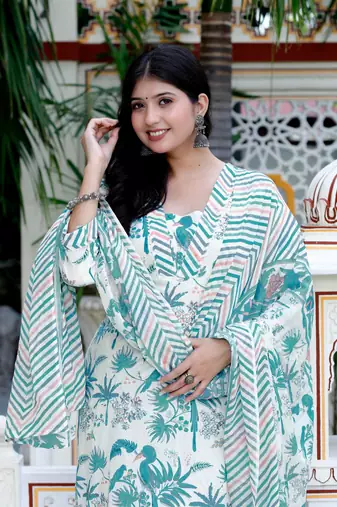 Womens light green scenic birds and leaf straight pakistani style suit set