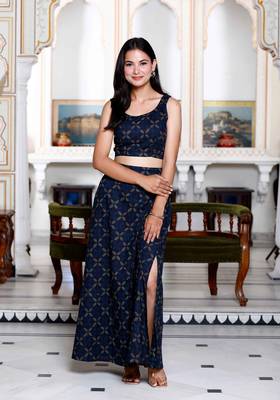 Womens blue abstract print crop top and side slit a-line skirt co-ord set 1
