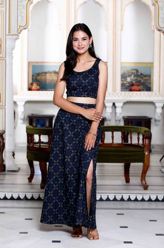 Womens blue abstract print crop top and side slit a-line skirt co-ord set