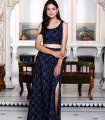 Womens blue abstract print crop top and side slit a-line skirt co-ord set