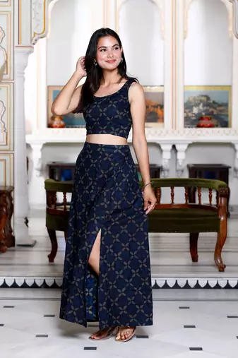 Womens blue abstract print crop top and side slit a-line skirt co-ord set