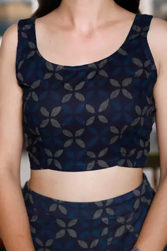 Womens blue abstract print crop top and side slit a-line skirt co-ord set