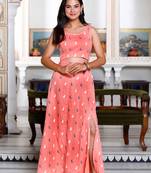 Womens peach animal print round neck top with side slit skirt co-ord set