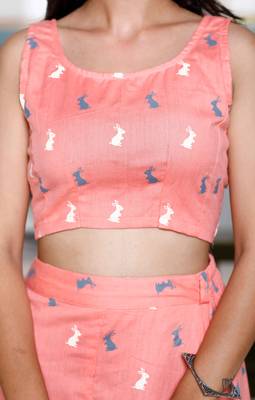 Womens peach animal print round neck top with side slit skirt co-ord set 3