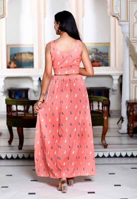 Womens peach animal print round neck top with side slit skirt co-ord set 4
