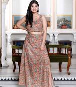 Womens brown floral printed crop top and skirt co-ord set