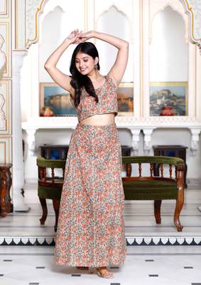 Womens brown floral printed crop top and skirt co-ord set 2