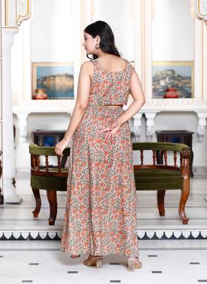 Womens brown floral printed crop top and skirt co-ord set 4