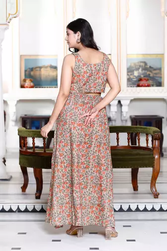 Womens brown floral printed crop top and skirt co-ord set