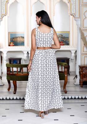 Womens white animal print round neck top with side slit skirt co-ord set 4