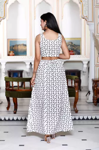 Womens white animal print round neck top with side slit skirt co-ord set