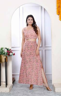 Womens orange floral printed crop top and skirt co-ord set 1